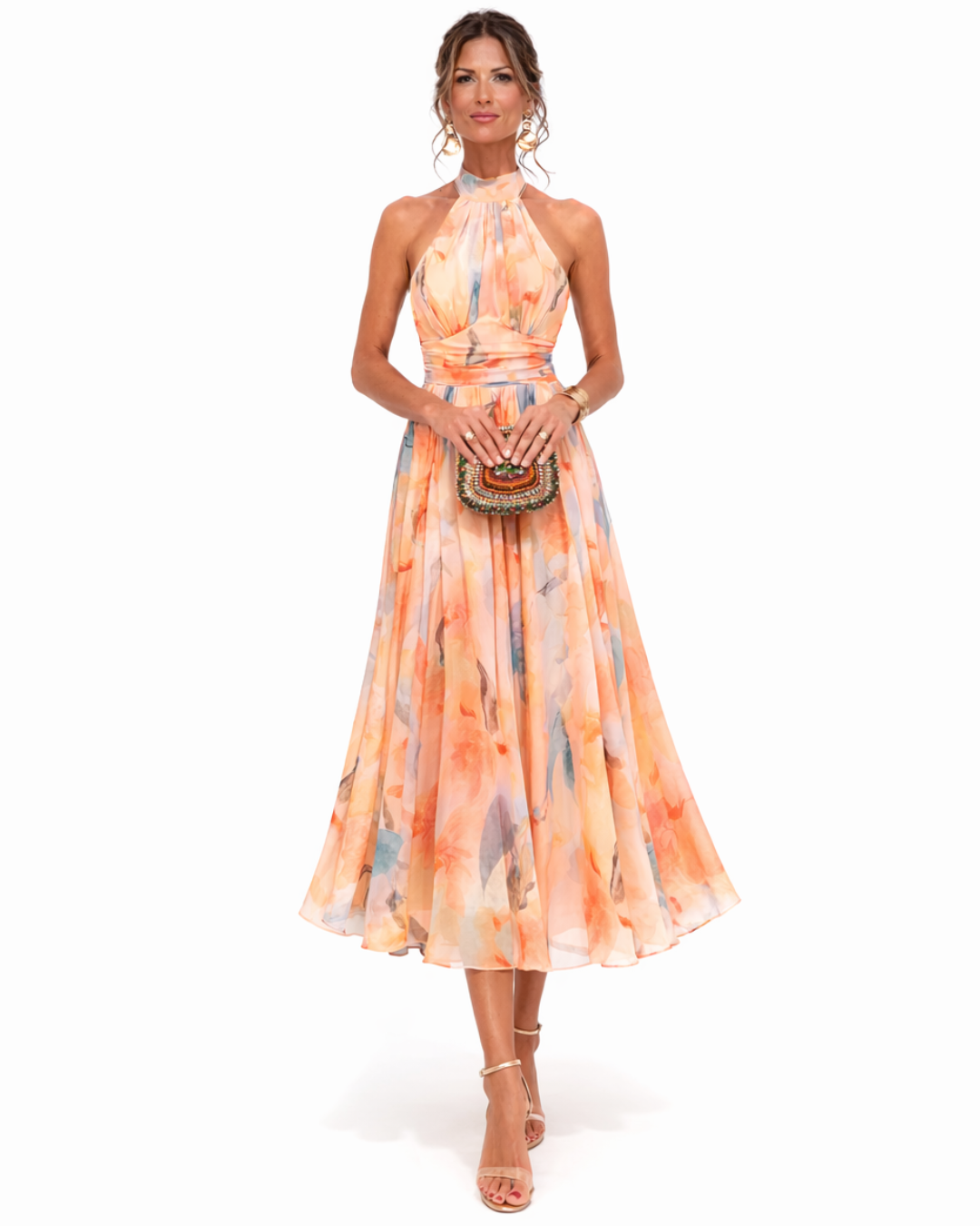 Iselle | Aurora Halter Neck Watercolor Print Dress