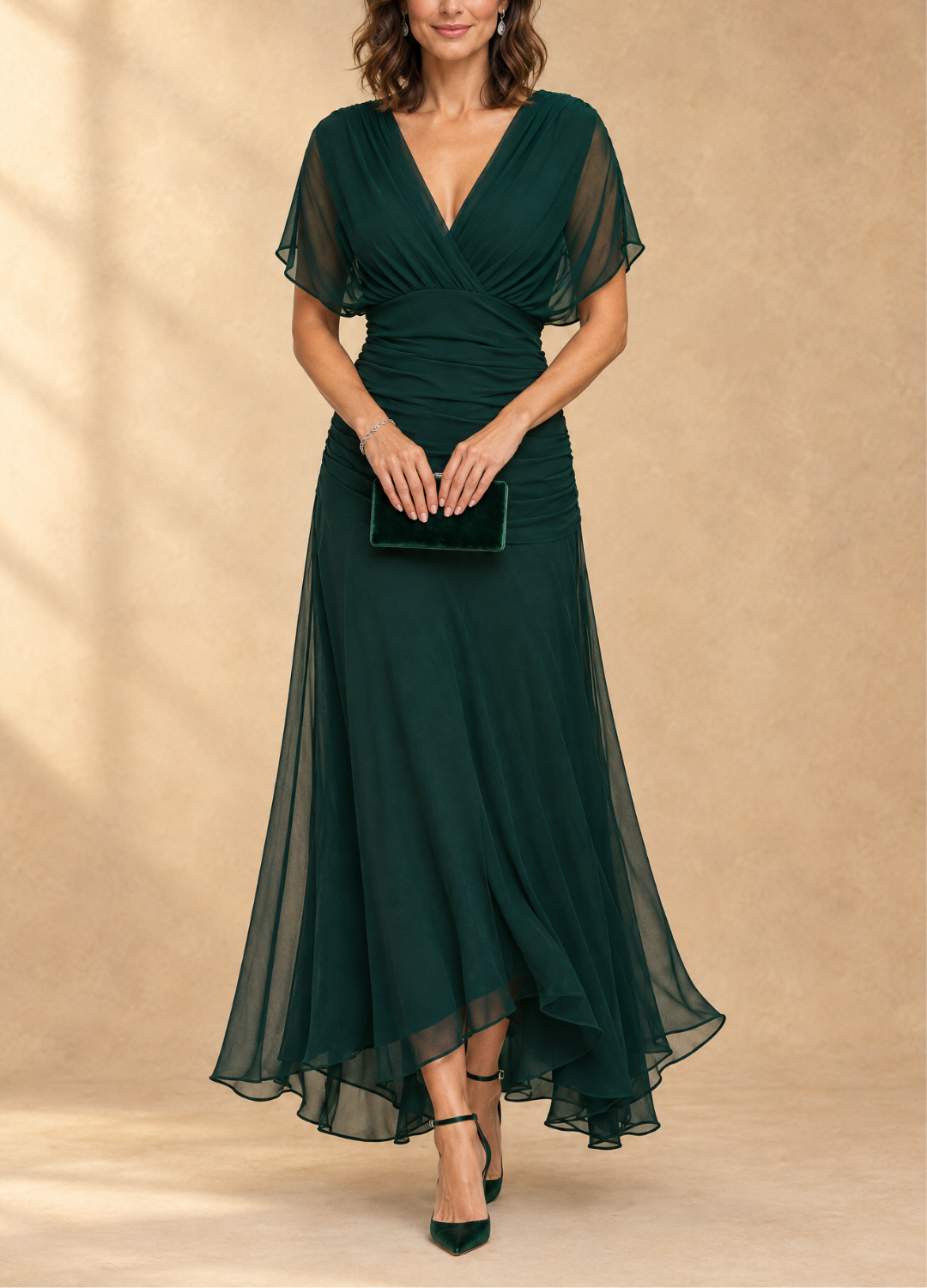 Emma Draped V-Neck Evening Maxi Dress