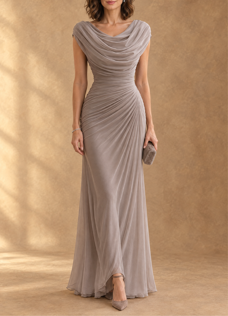 Cynthia Cowl Neck Draped Mesh Maxi Dress