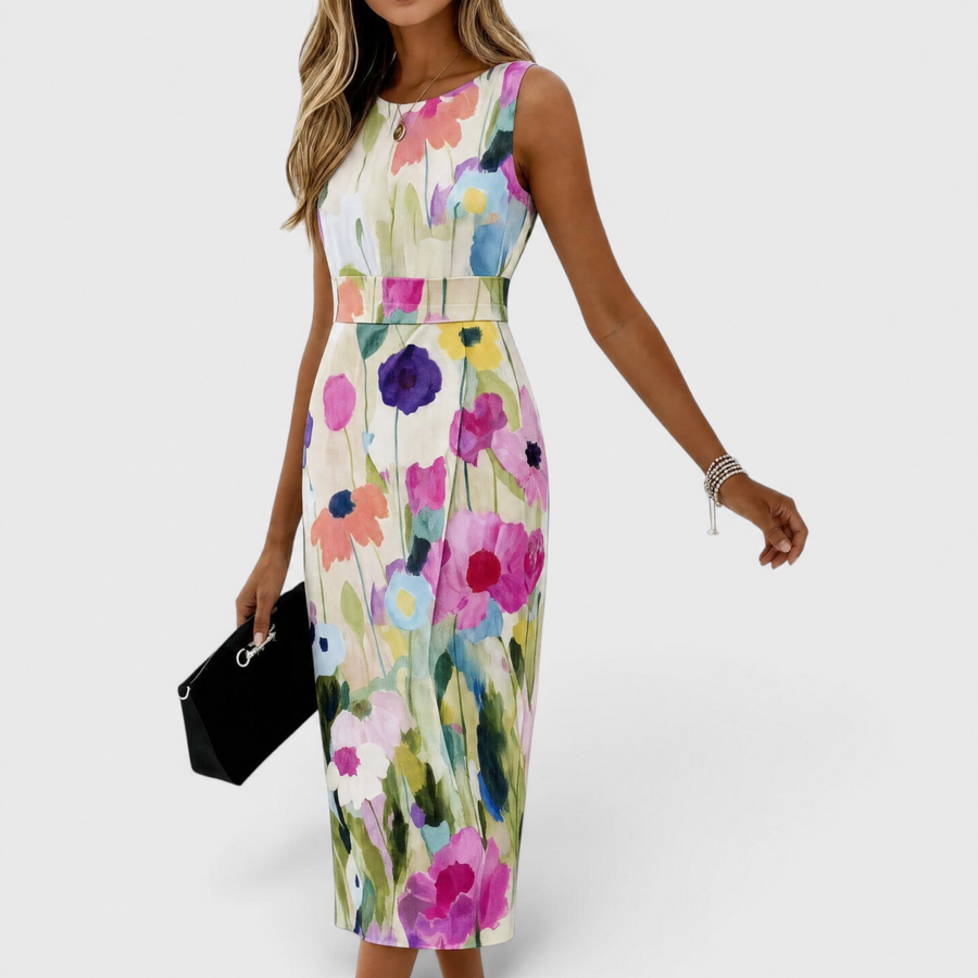 Carmina Watercolor Floral Sleeveless Midi Dress