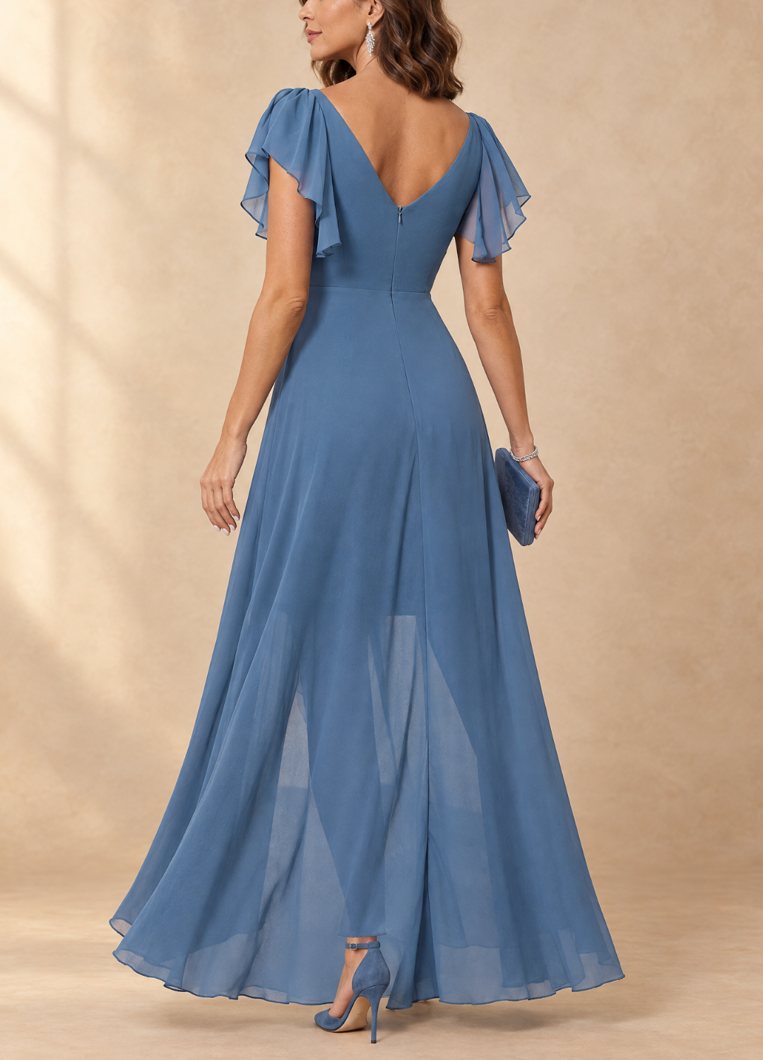 Denise Flutter Sleeve High-Low Chiffon Maxi Dress