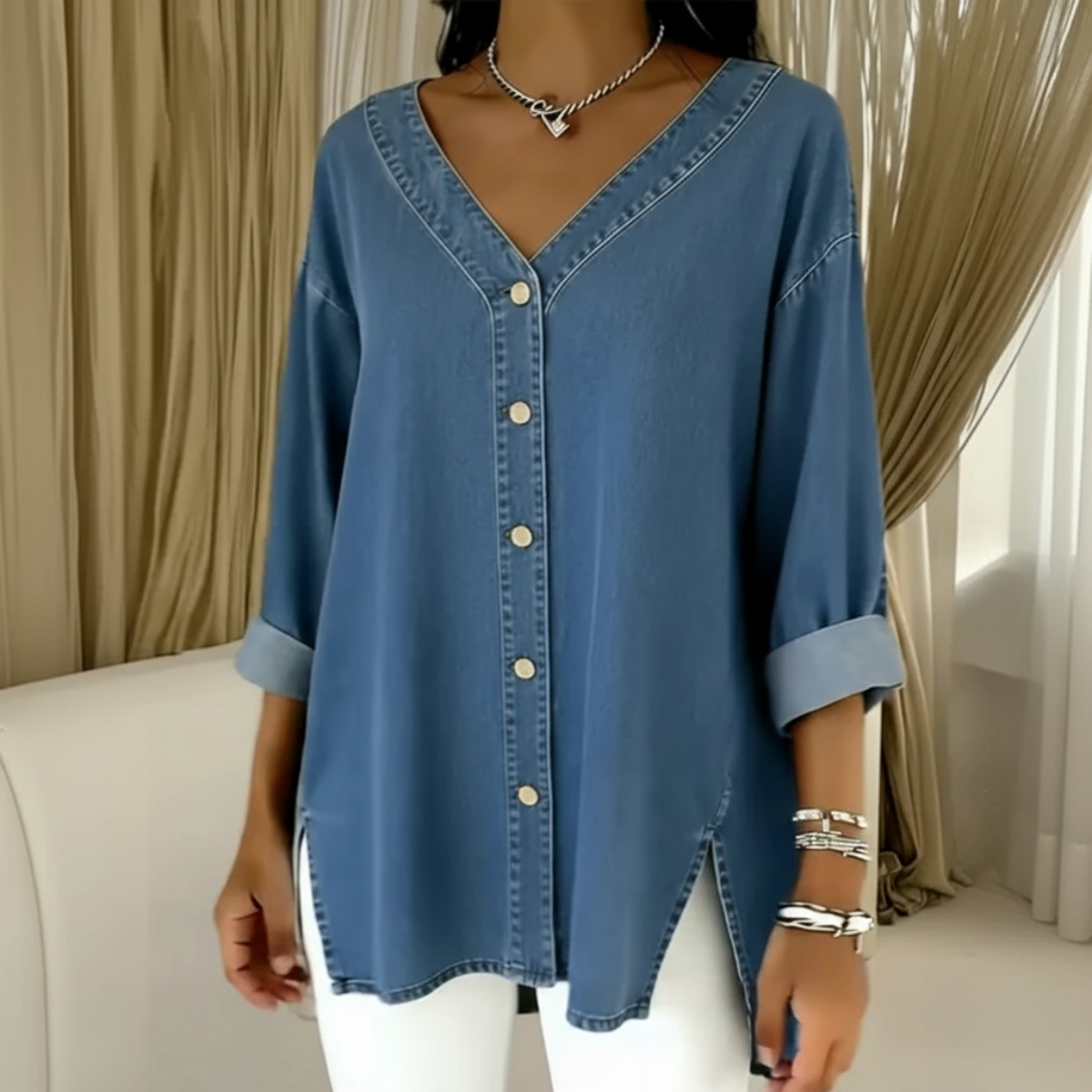 Wenelle | V-Neck Denim Shirt