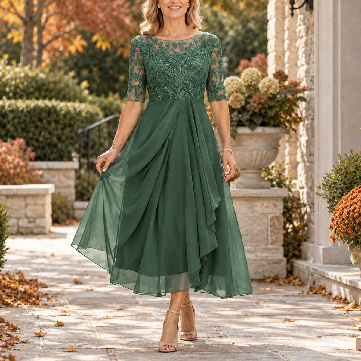 Pia Lace Bodice Draped Midi Dress in Green