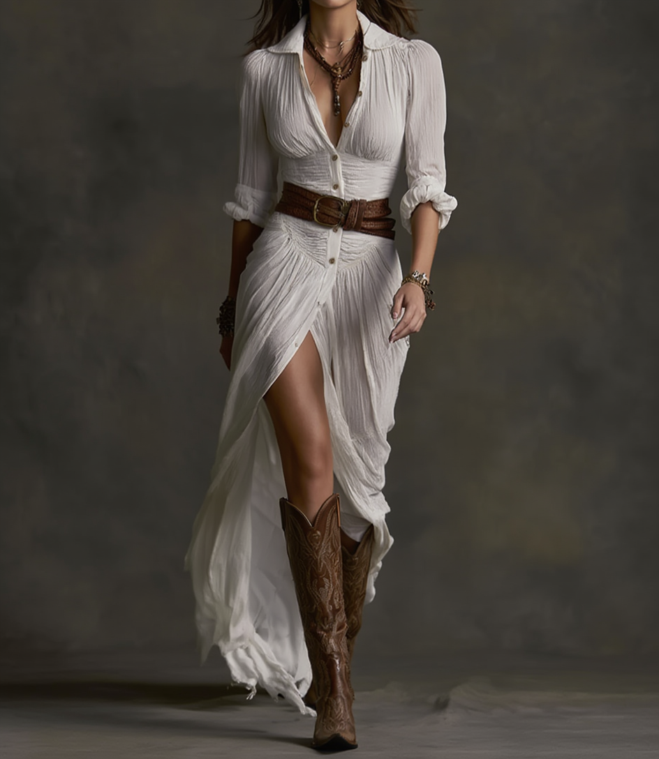 Aurora Long Linen Dress with Belt