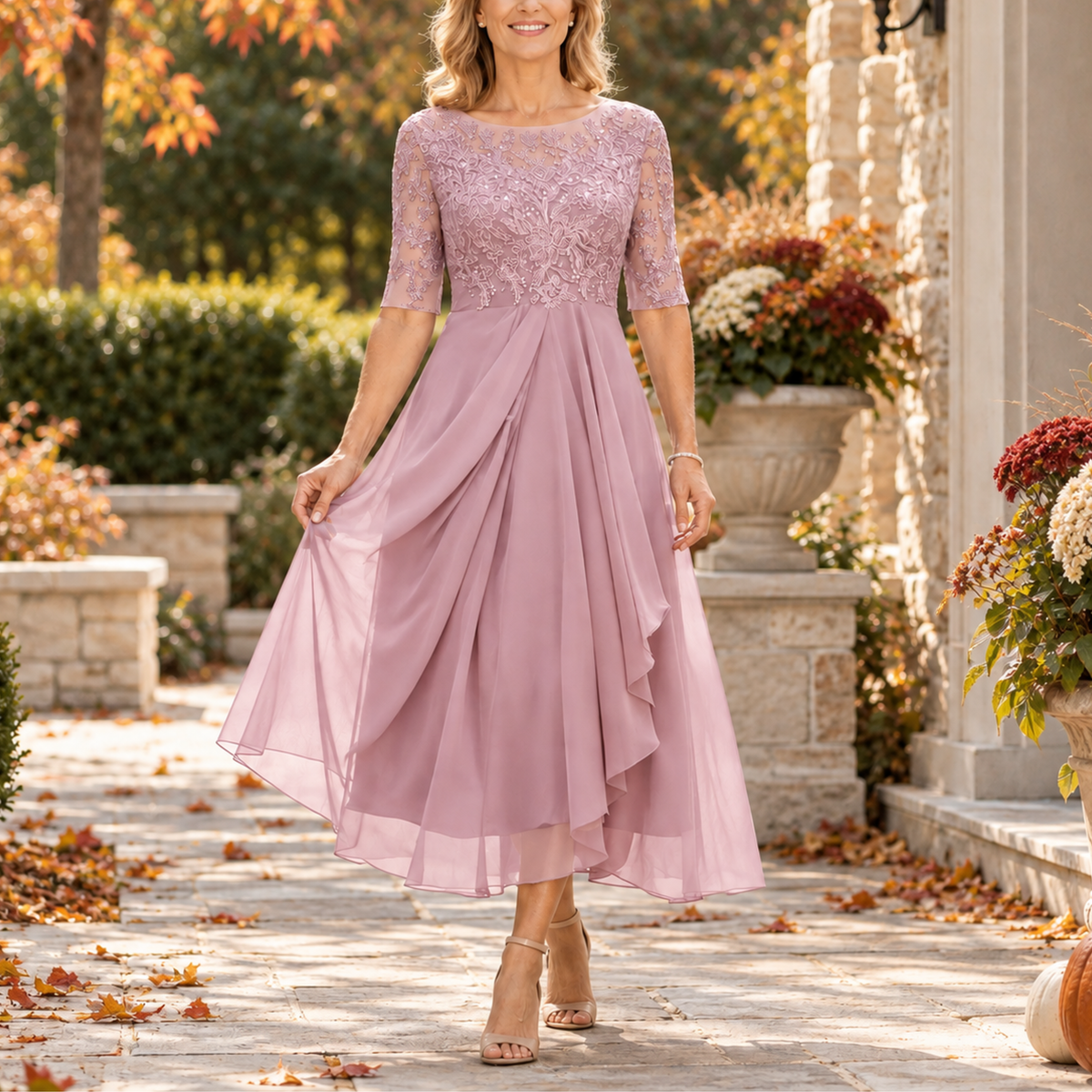 Cassandra Lace Bodice Draped Midi Dress in Pink