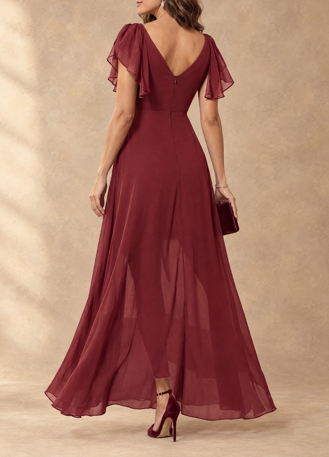 Denise Flutter Sleeve High-Low Chiffon Maxi Dress