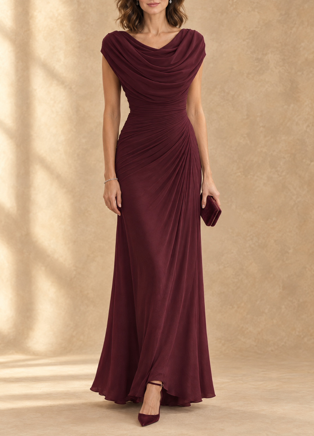 Cynthia Cowl Neck Draped Mesh Maxi Dress
