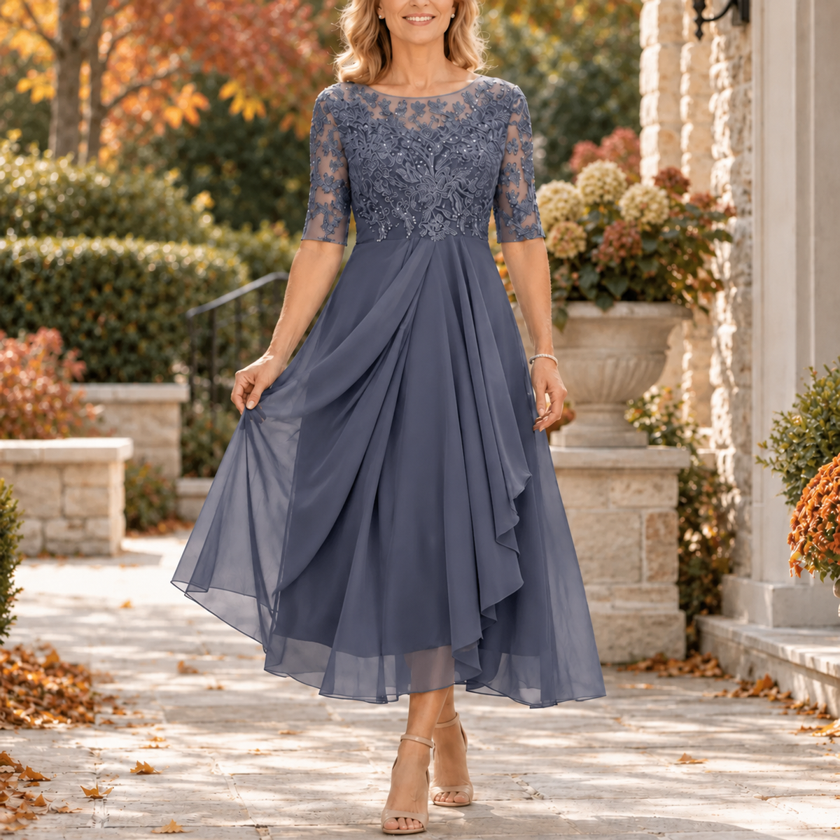 Odessa Lace Bodice Draped Midi Dress in Purple