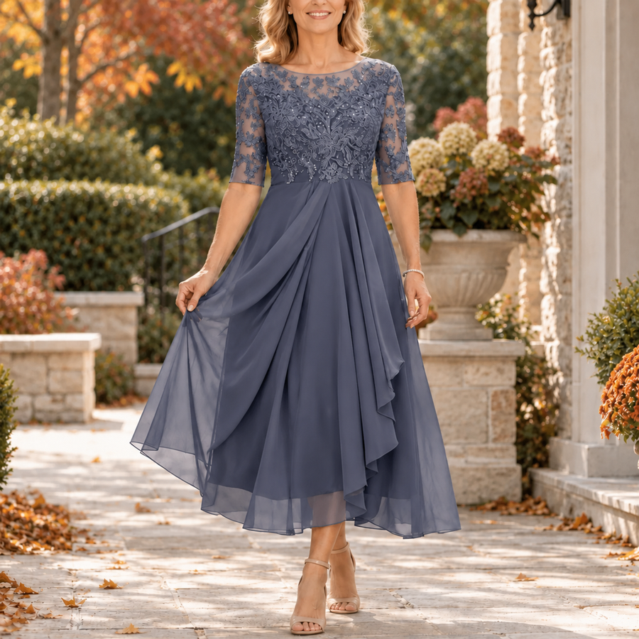 Odessa Lace Bodice Draped Midi Dress in Purple