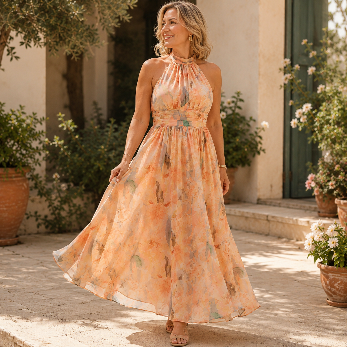 Iselle | Aurora Halter Neck Watercolor Print Dress