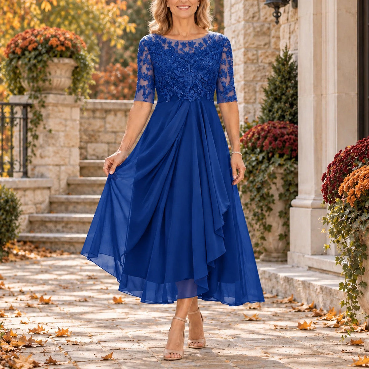 Rowena Lace Bodice Draped Midi Dress in Royal Blue