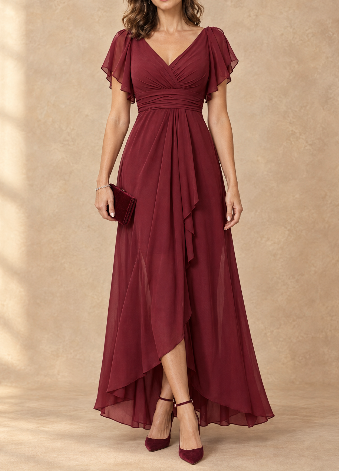Denise Flutter Sleeve High-Low Chiffon Maxi Dress