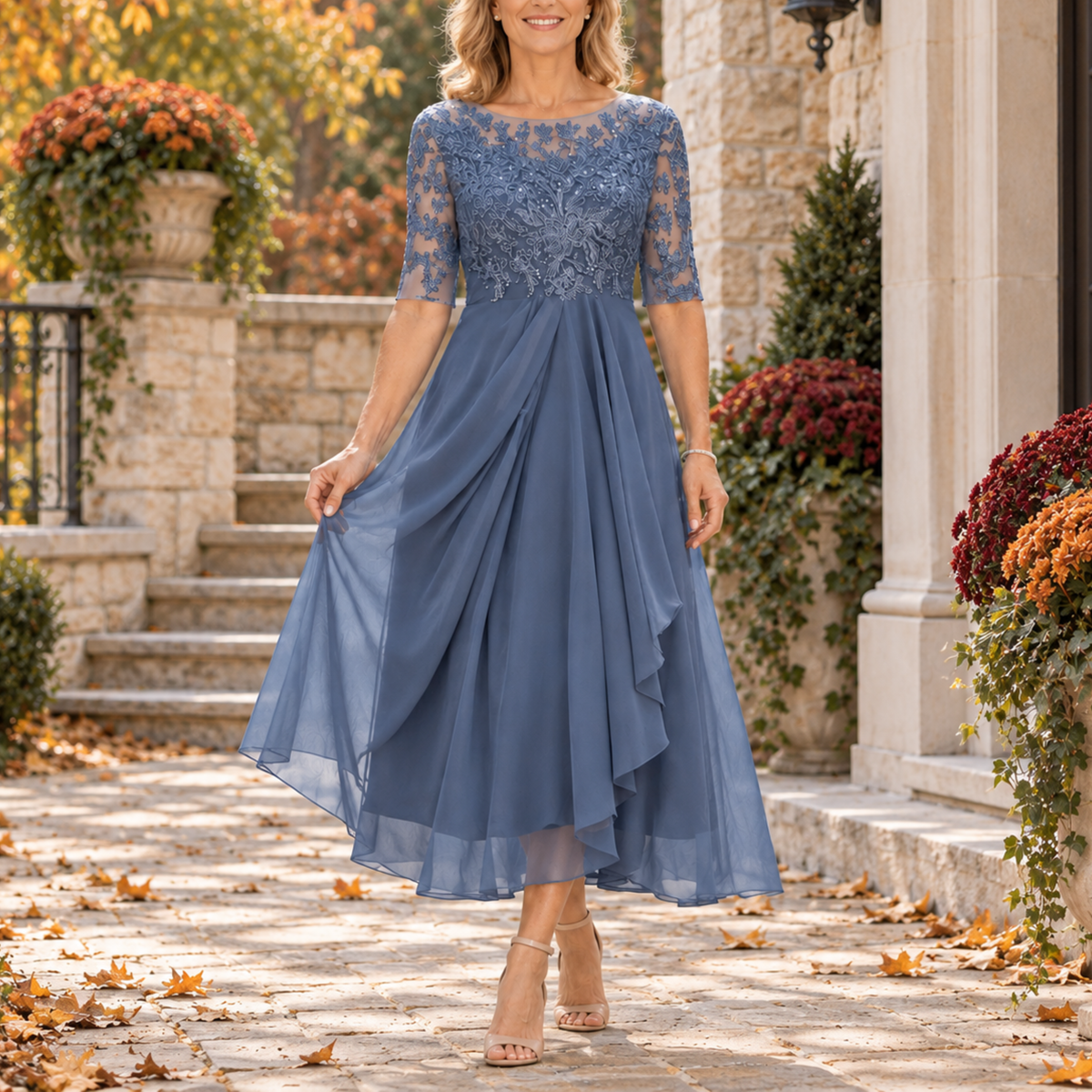 Mariah Lace Bodice Draped Midi Dress in Blue