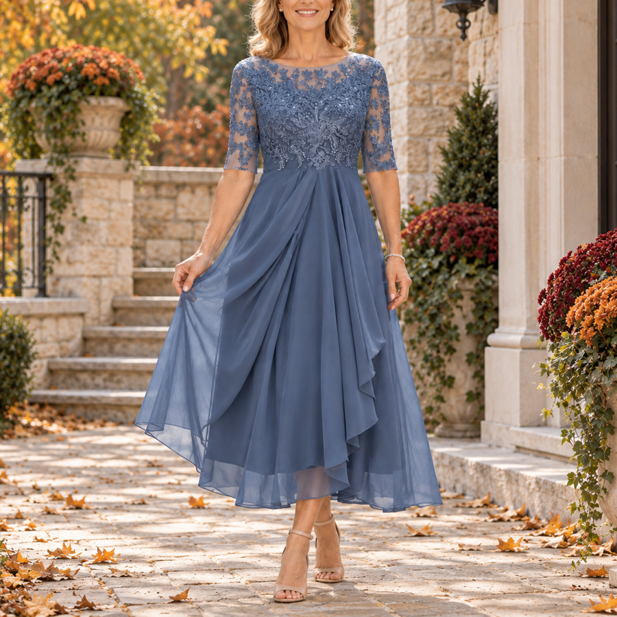 Mariah Lace Bodice Draped Midi Dress in Blue