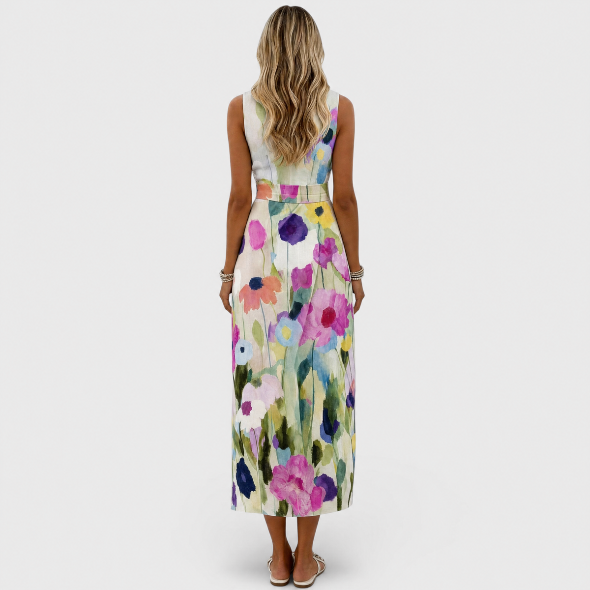 Carmina Watercolor Floral Sleeveless Midi Dress