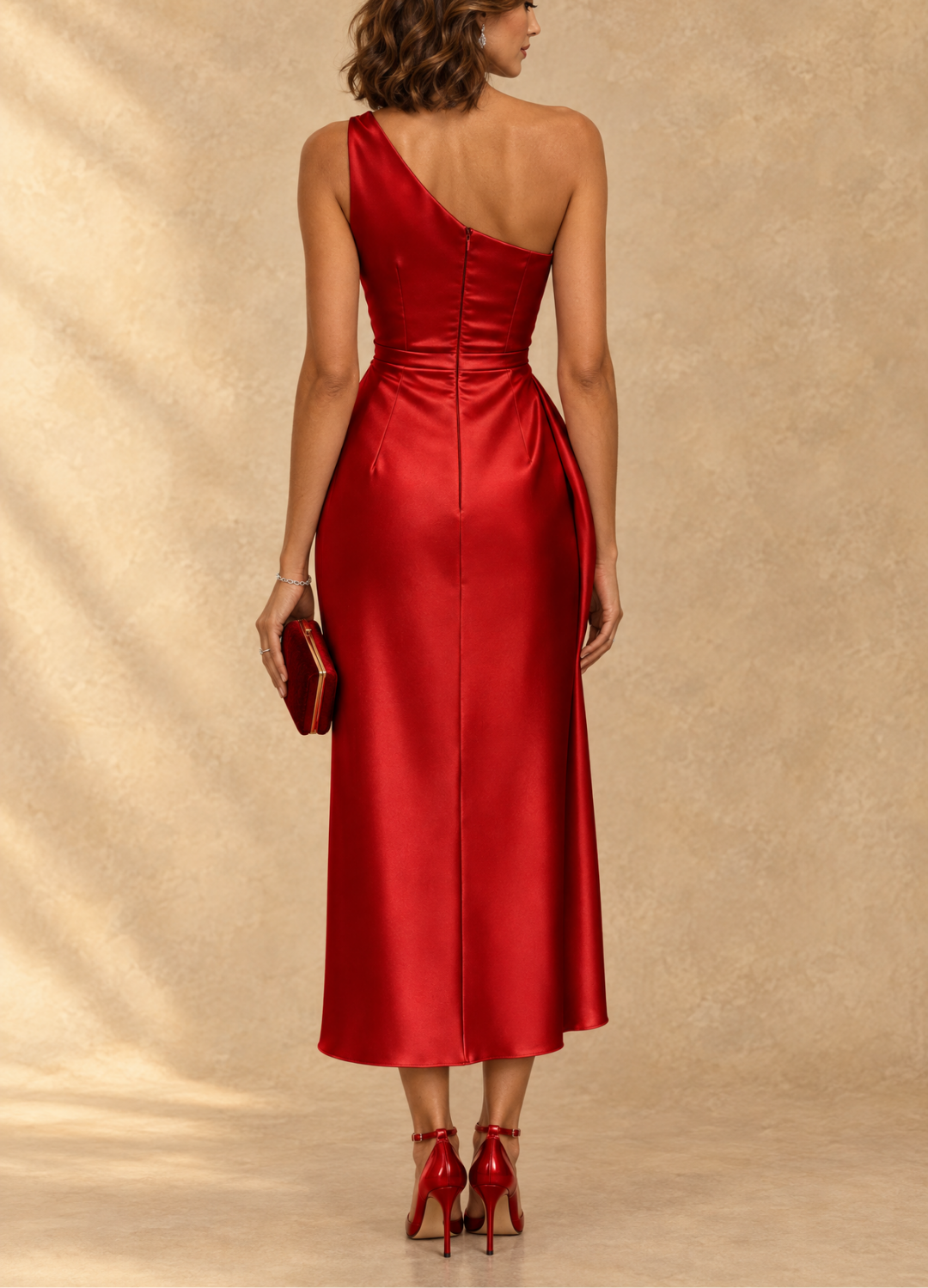 Diane One-Shoulder Ruched Satin Midi Dress