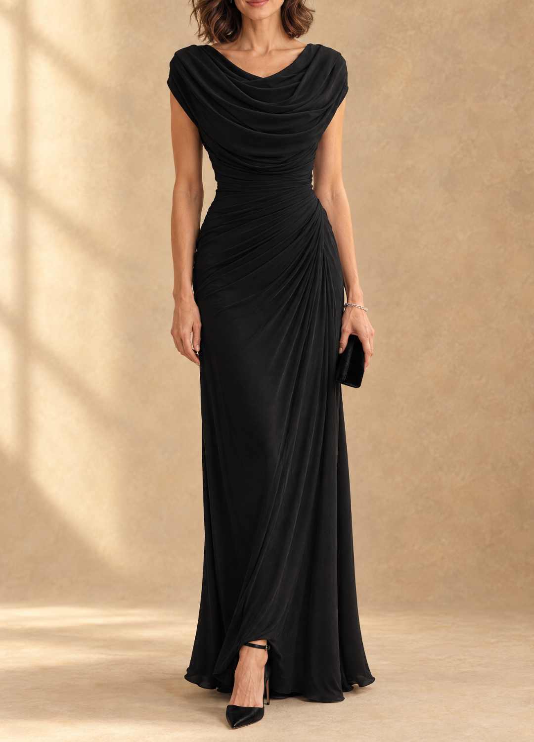 Cynthia Cowl Neck Draped Mesh Maxi Dress