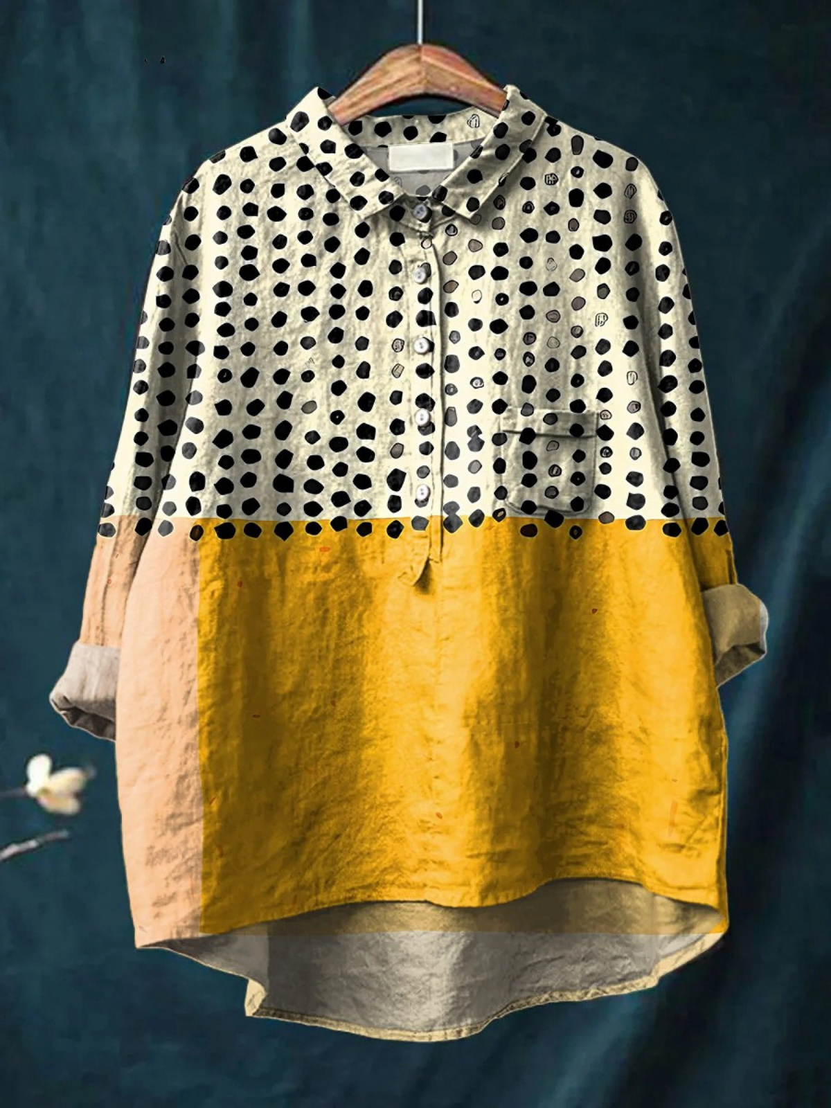 Olivia | Women's Yellow Colour-blocked Dots Print Casual Shirt