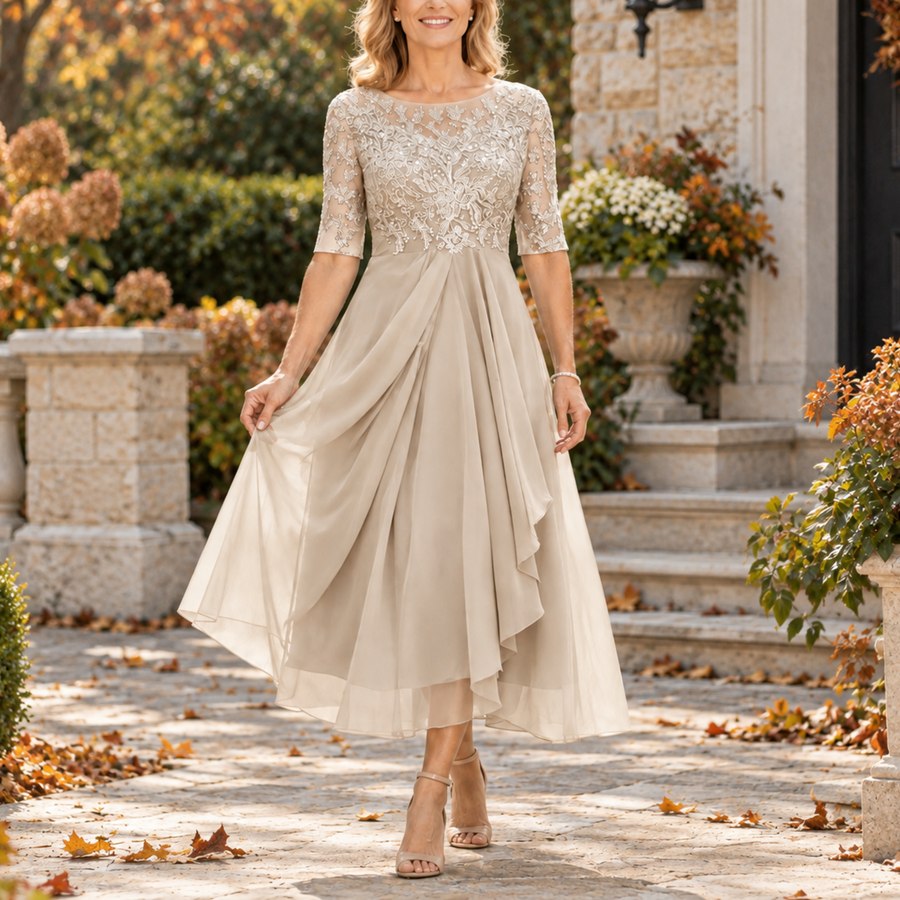 Brianna Lace Bodice Draped Midi Dress in Champagne Gold