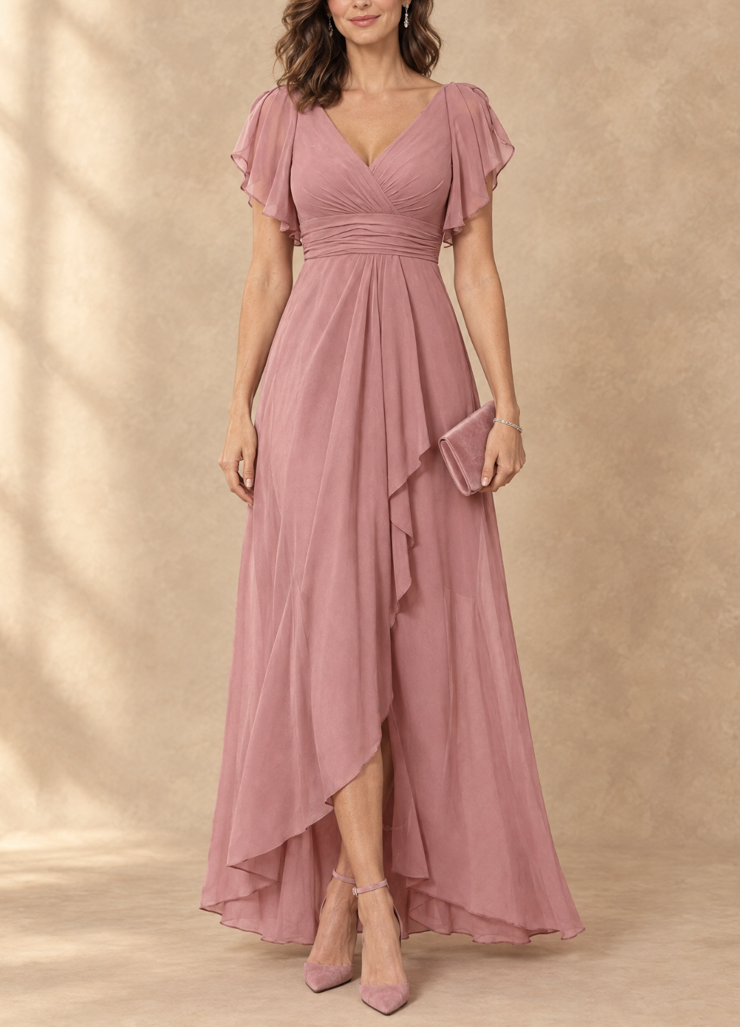 Denise Flutter Sleeve High-Low Chiffon Maxi Dress
