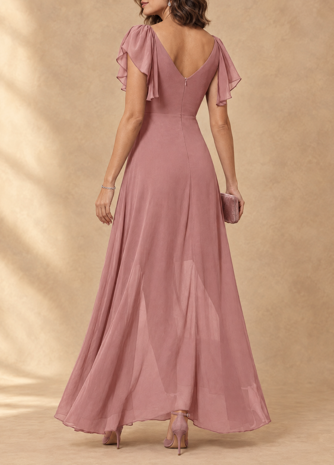 Denise Flutter Sleeve High-Low Chiffon Maxi Dress