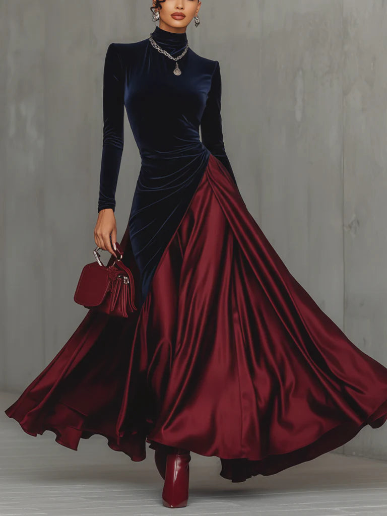 Lira Bicolor Velvet and Satin Long Dress