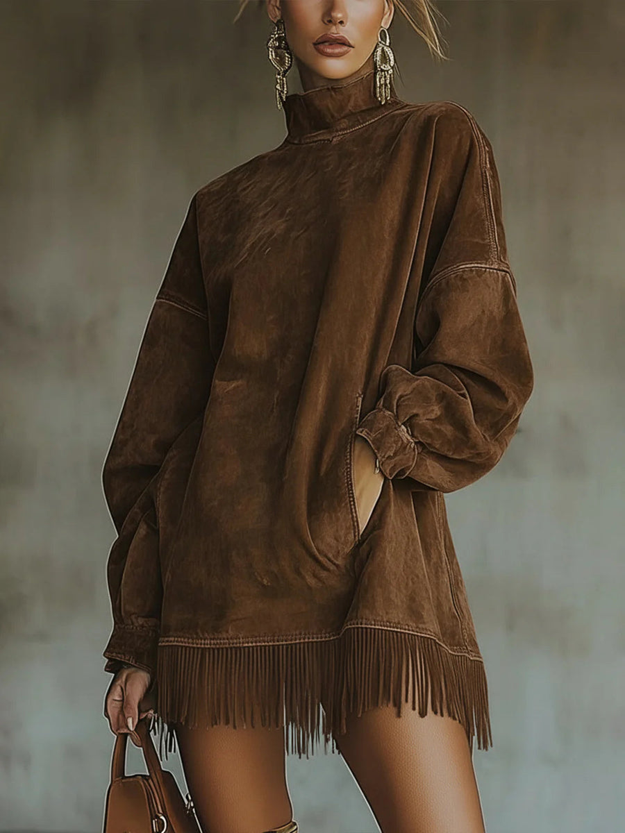 Gabriela Suede Dress with High Neck and Fringe