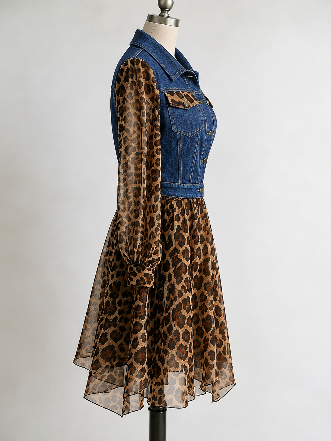 Milan Denim Bodice Leopard Dress