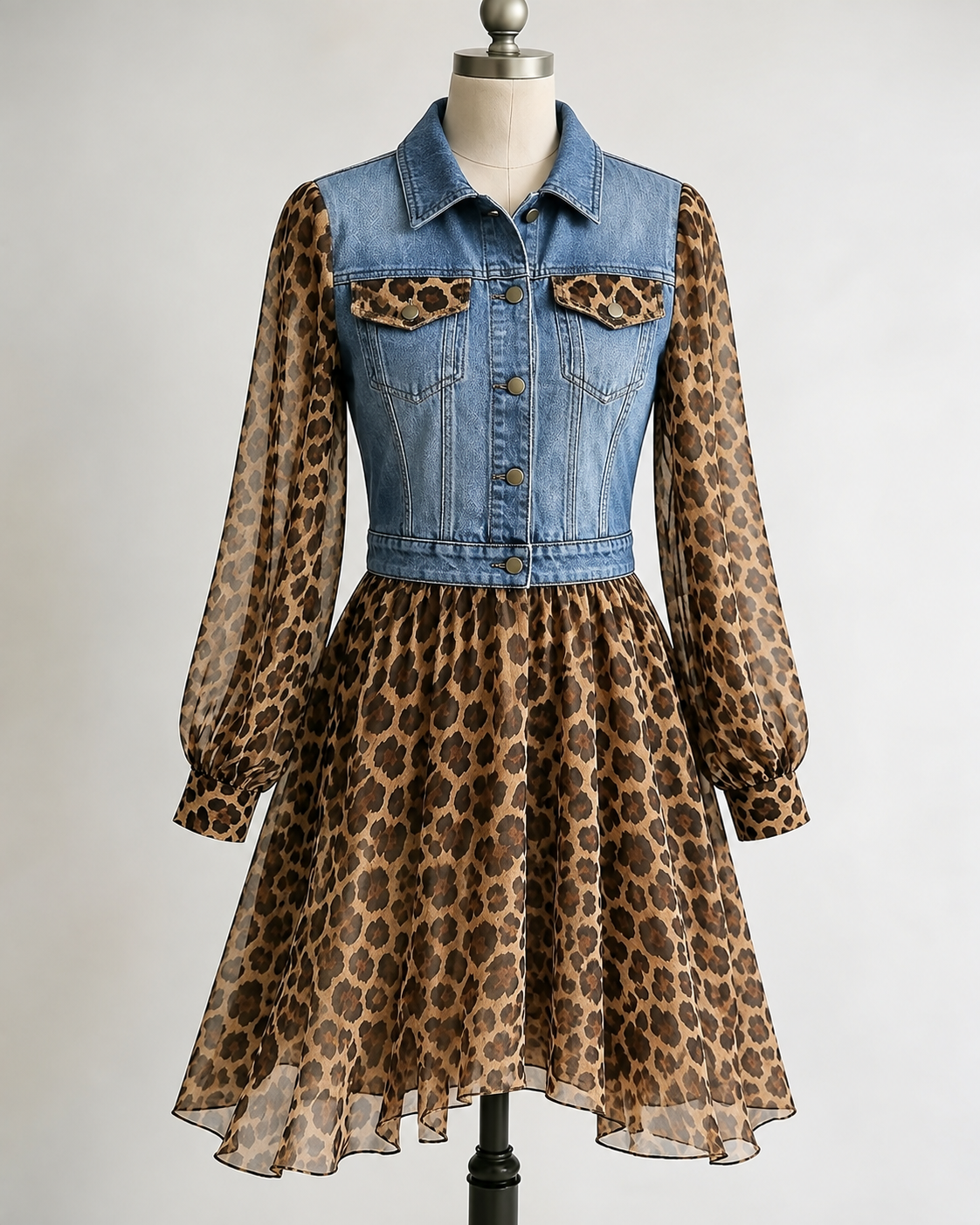 Milan Denim Bodice Leopard Dress