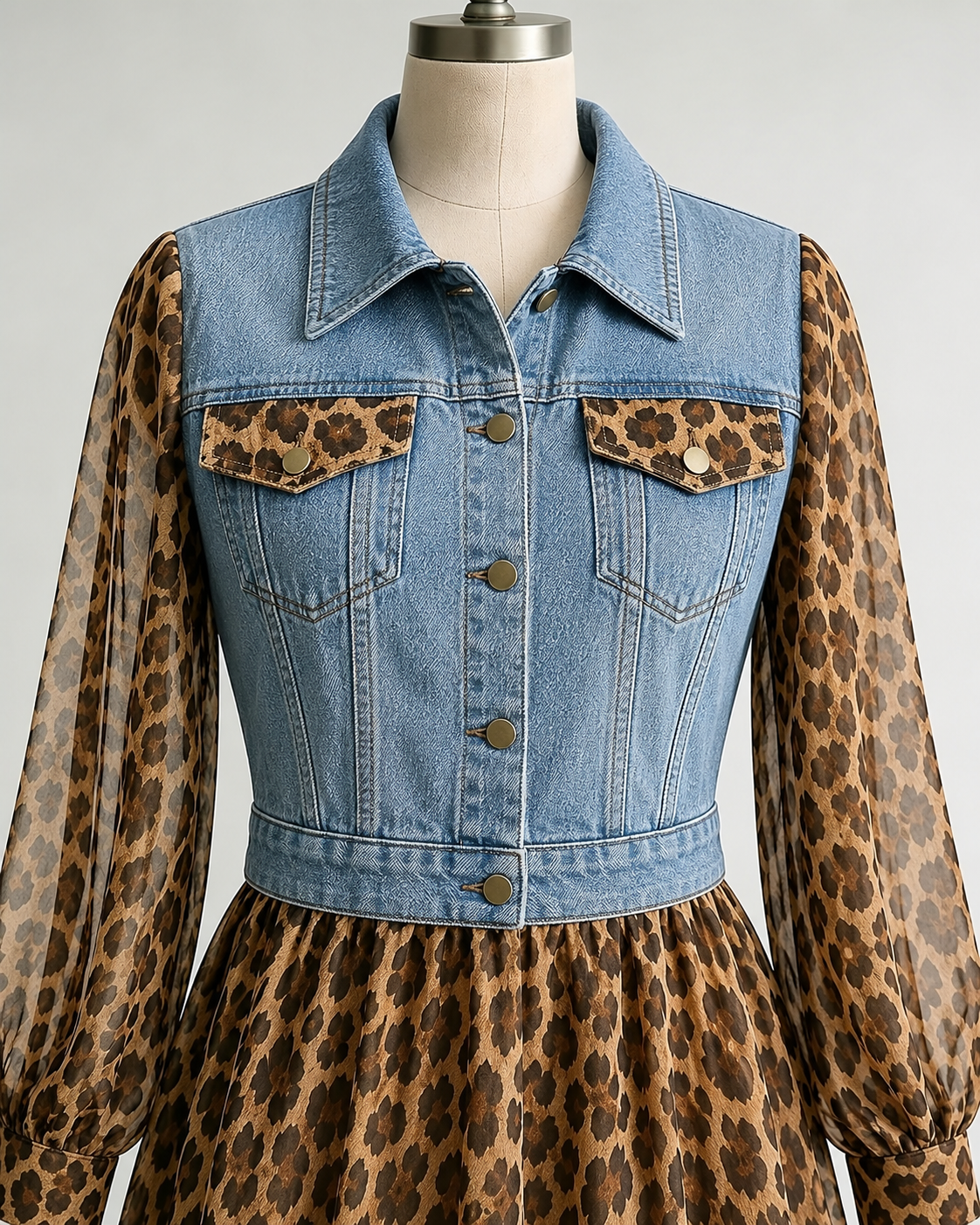 Milan Denim Bodice Leopard Dress