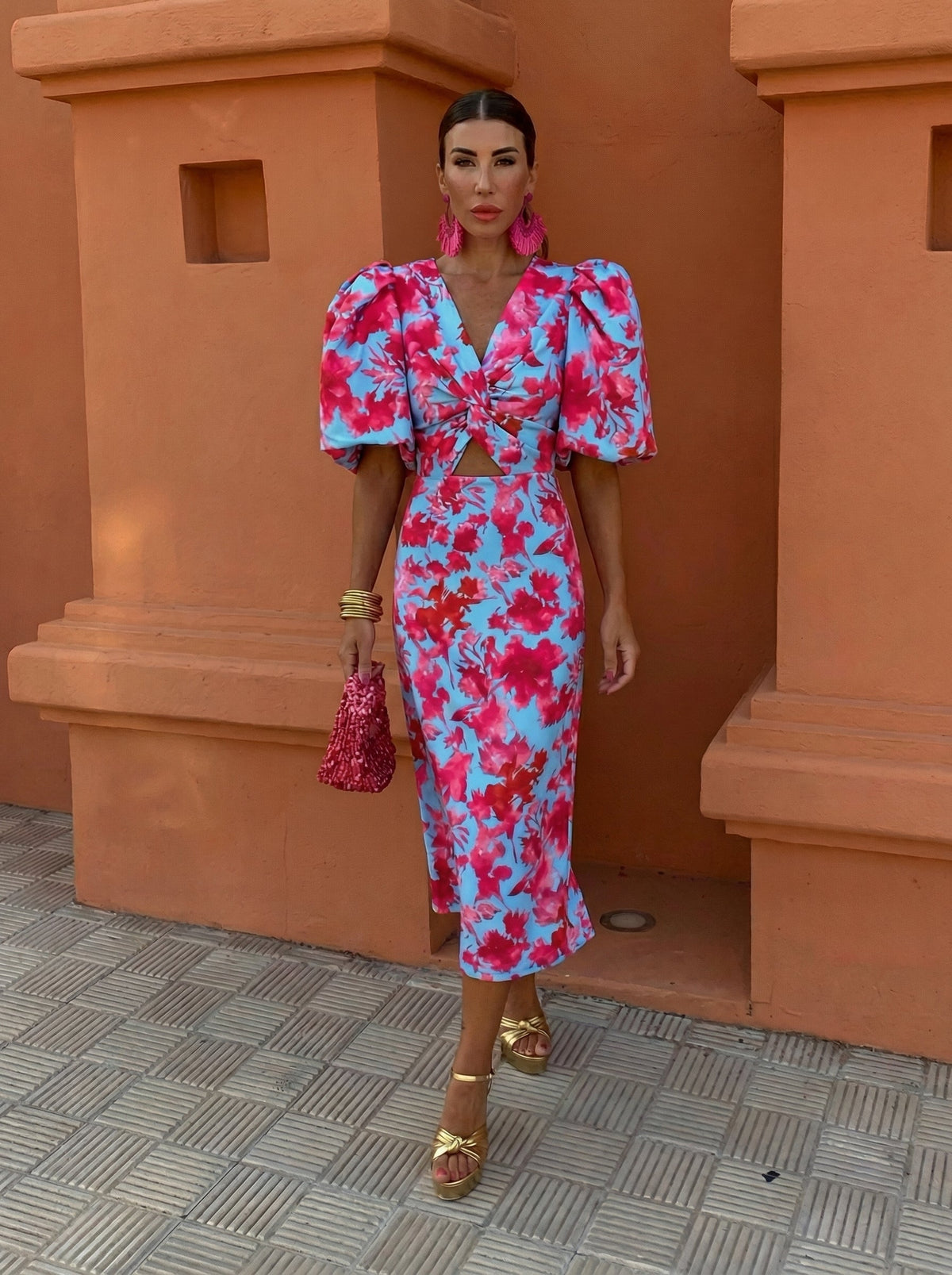 Carla Printed Midi Dress with Puff Sleeves