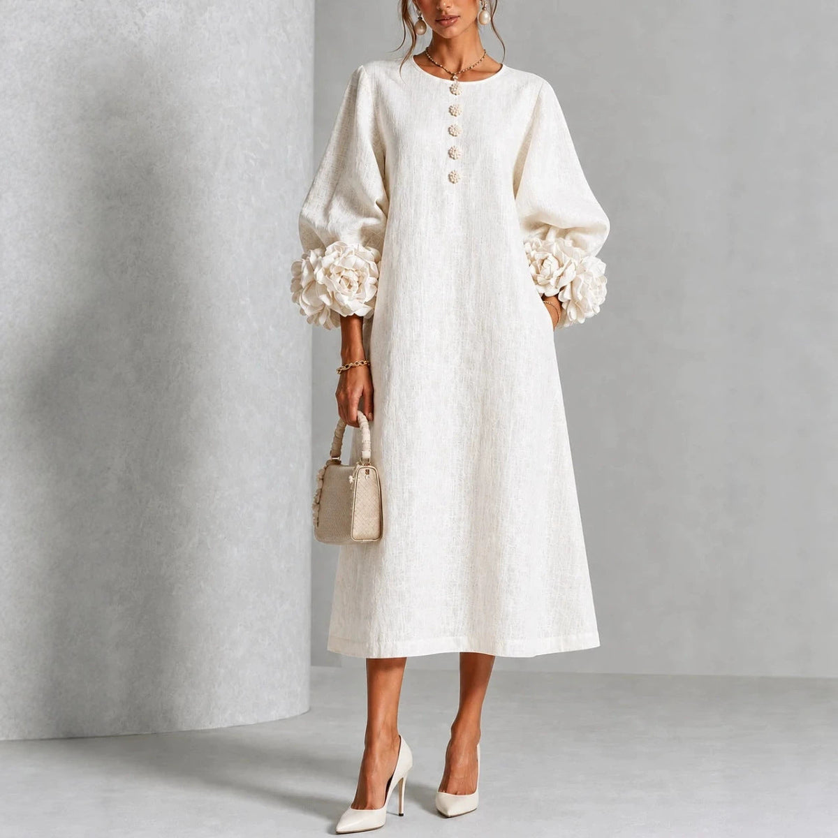 Iselle | Theodosia Rosette-Cuff Button Midi Dress
