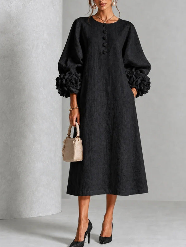 Iselle | Theodosia Rosette-Cuff Button Midi Dress
