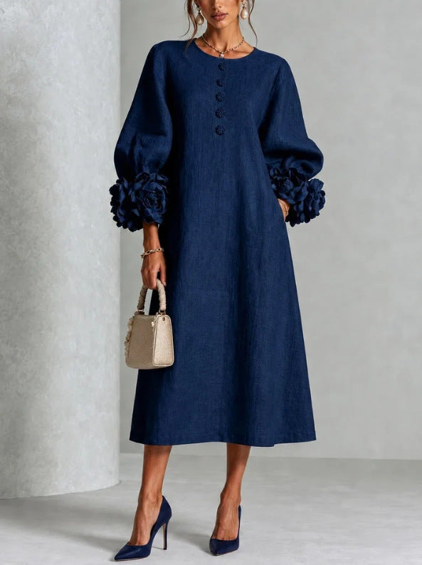 Iselle | Theodosia Rosette-Cuff Button Midi Dress