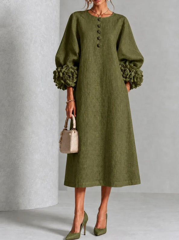 Iselle | Theodosia Rosette-Cuff Button Midi Dress