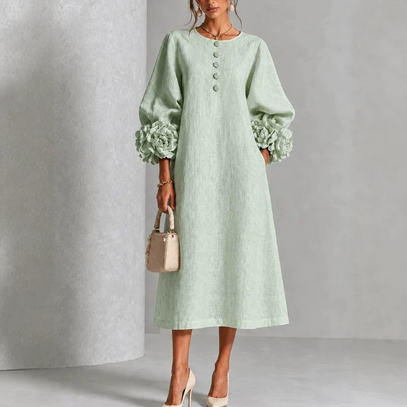 Iselle | Theodosia Rosette-Cuff Button Midi Dress