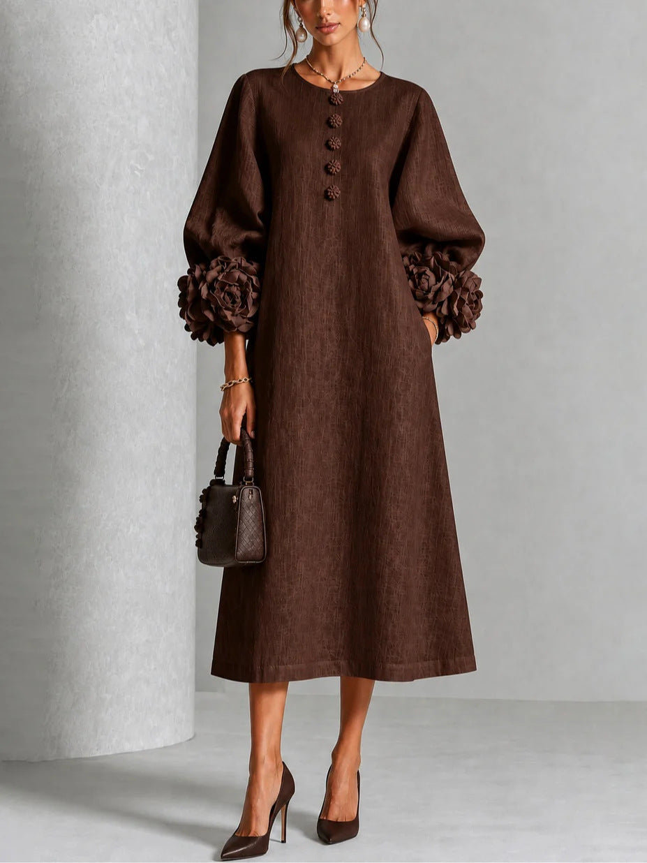 Iselle | Theodosia Rosette-Cuff Button Midi Dress