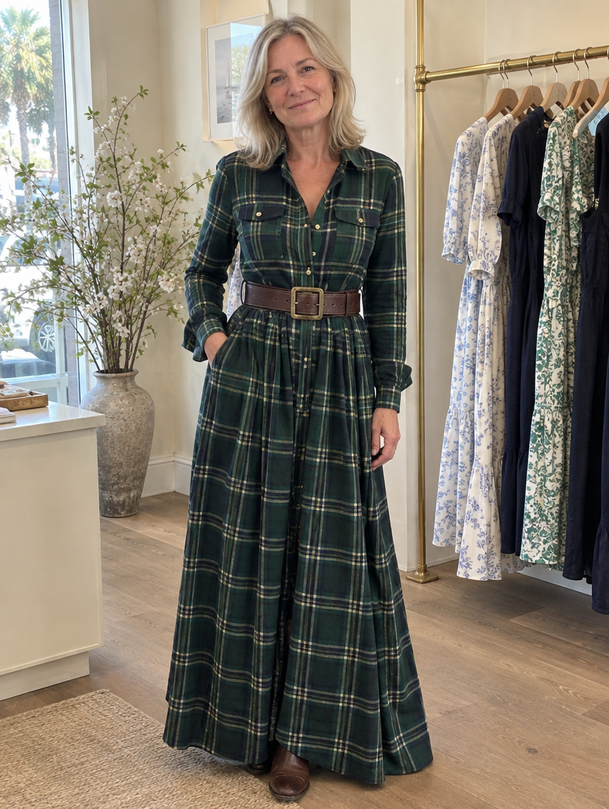Beatriz Long Checkered Dress with Belt