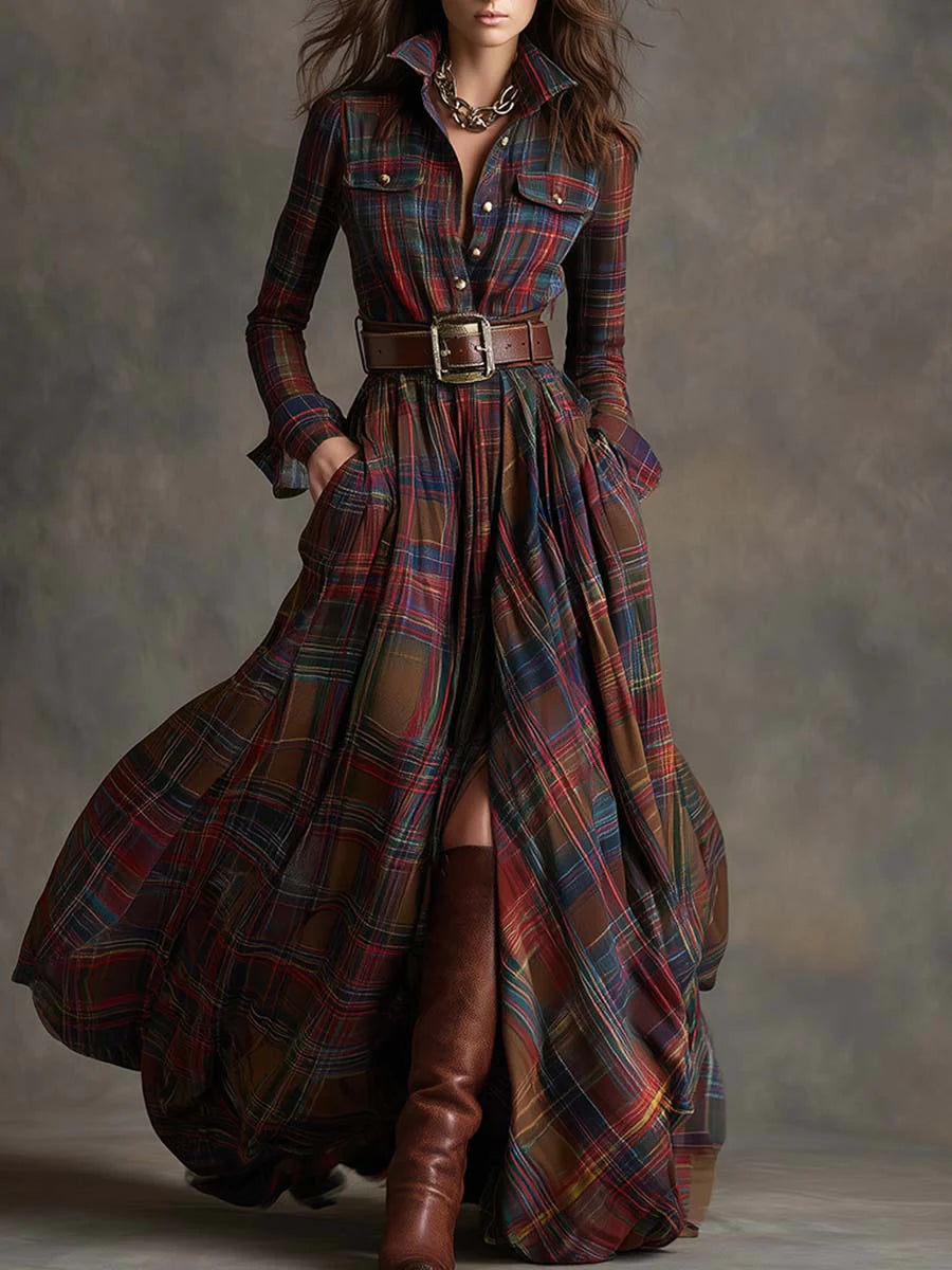 Beatriz Long Checkered Dress with Belt