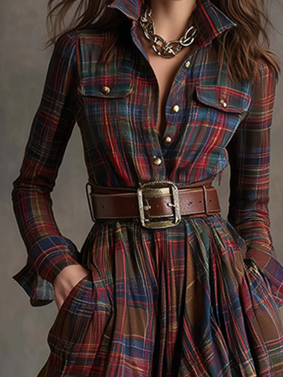 Beatriz Long Checkered Dress with Belt