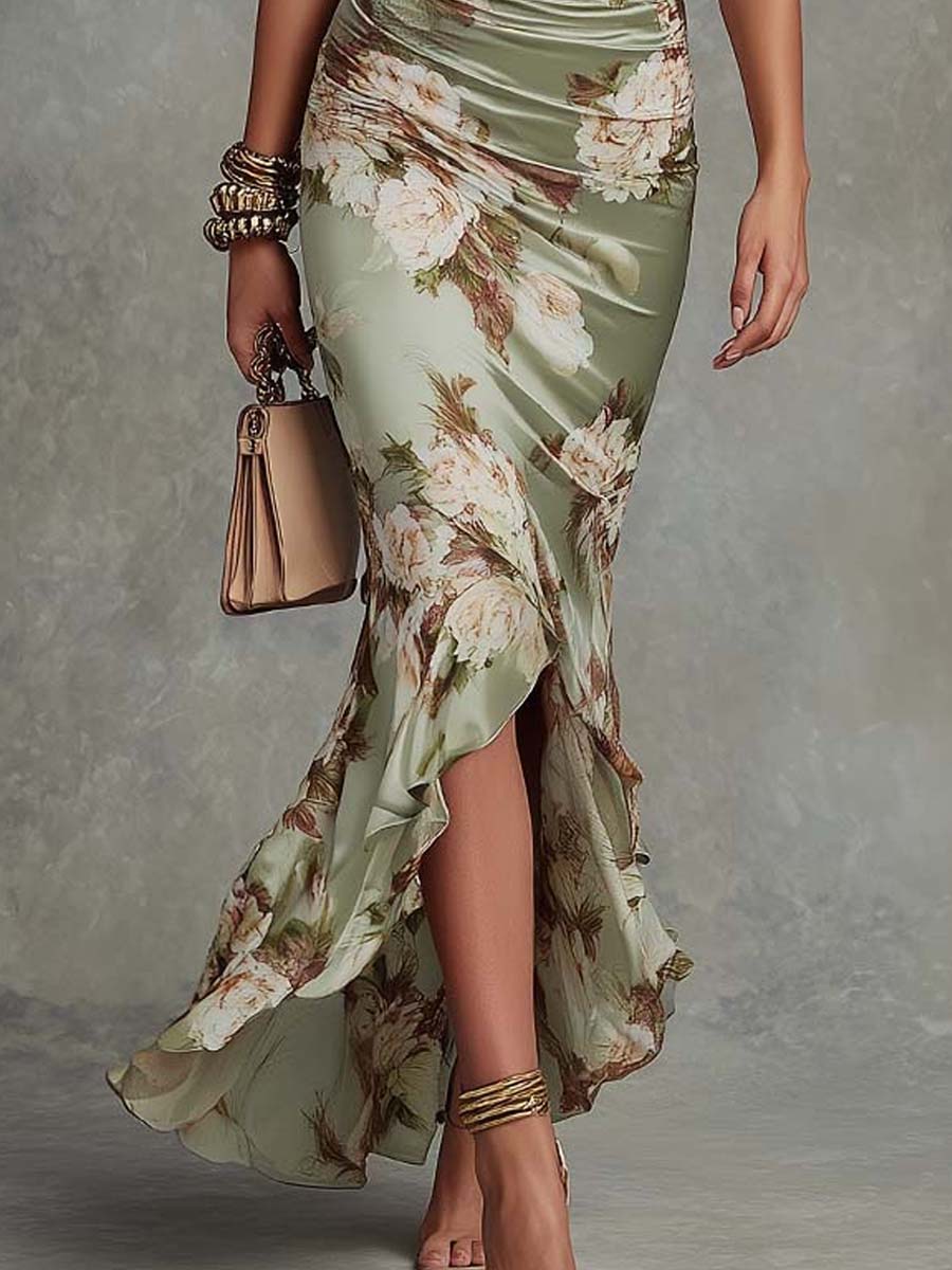 Iselle | Anastasia Floral Satin Midi Dress