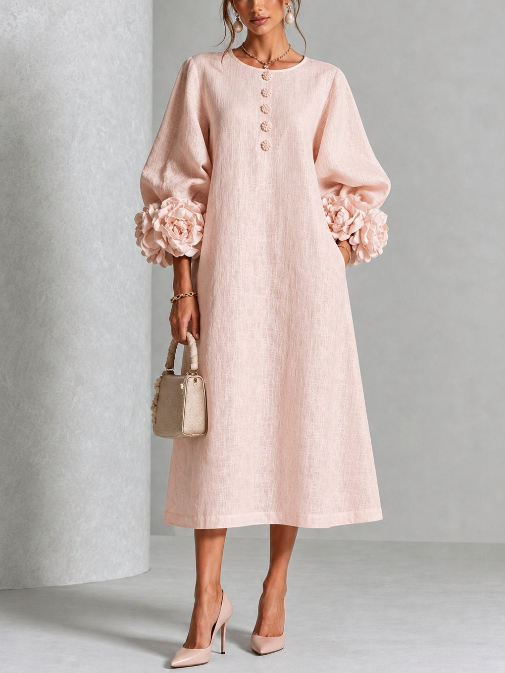 Iselle | Theodosia Rosette-Cuff Button Midi Dress