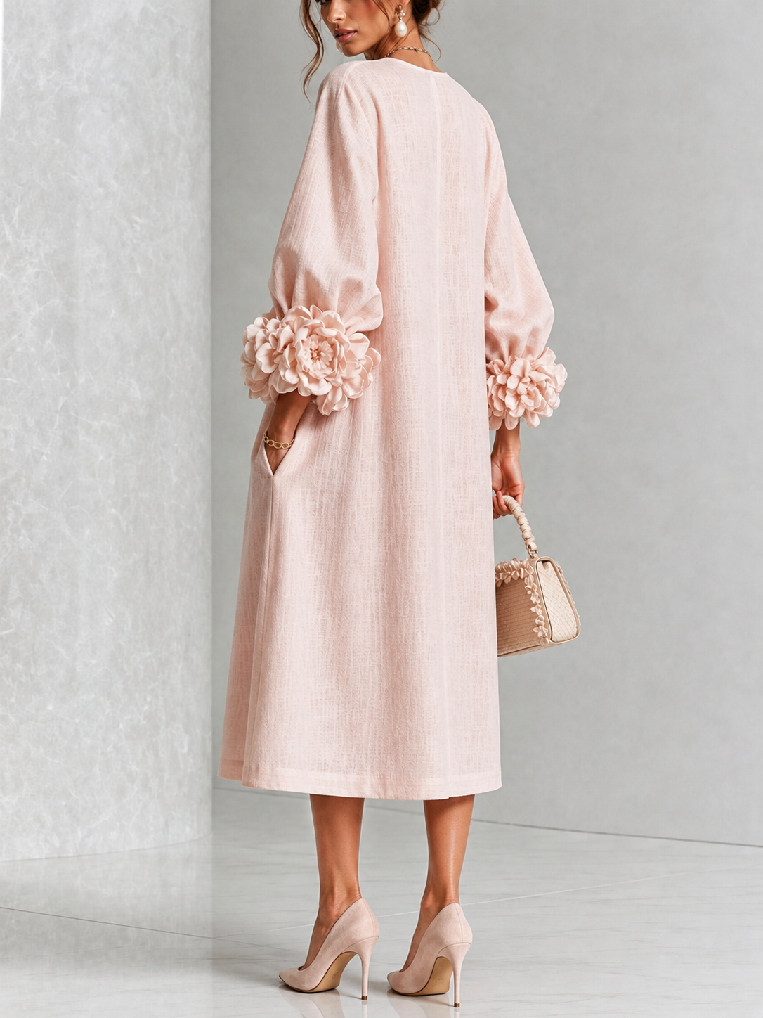 Iselle | Theodosia Rosette-Cuff Button Midi Dress