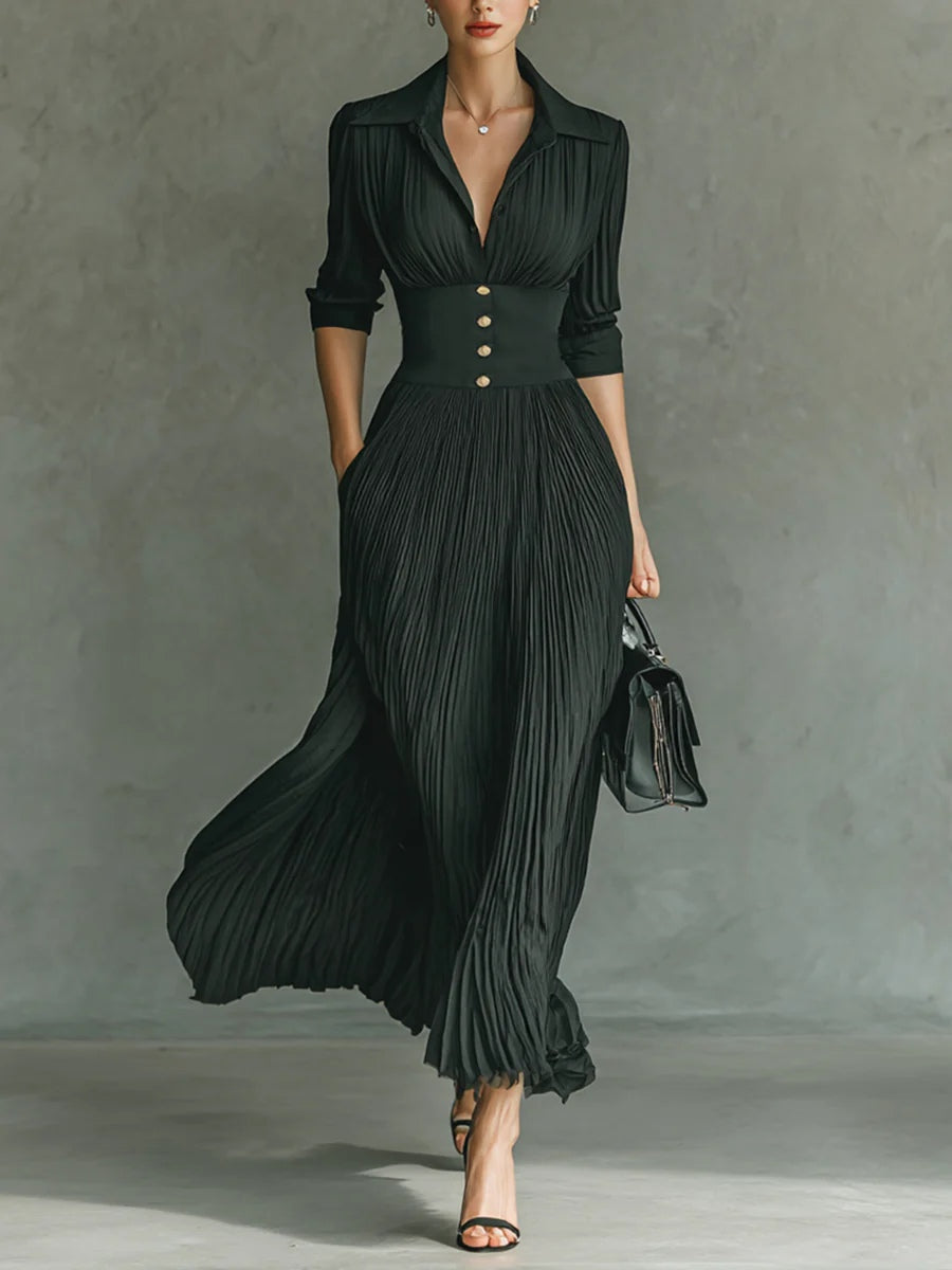 Elvira Long Pleated Dress with Lapel Collar