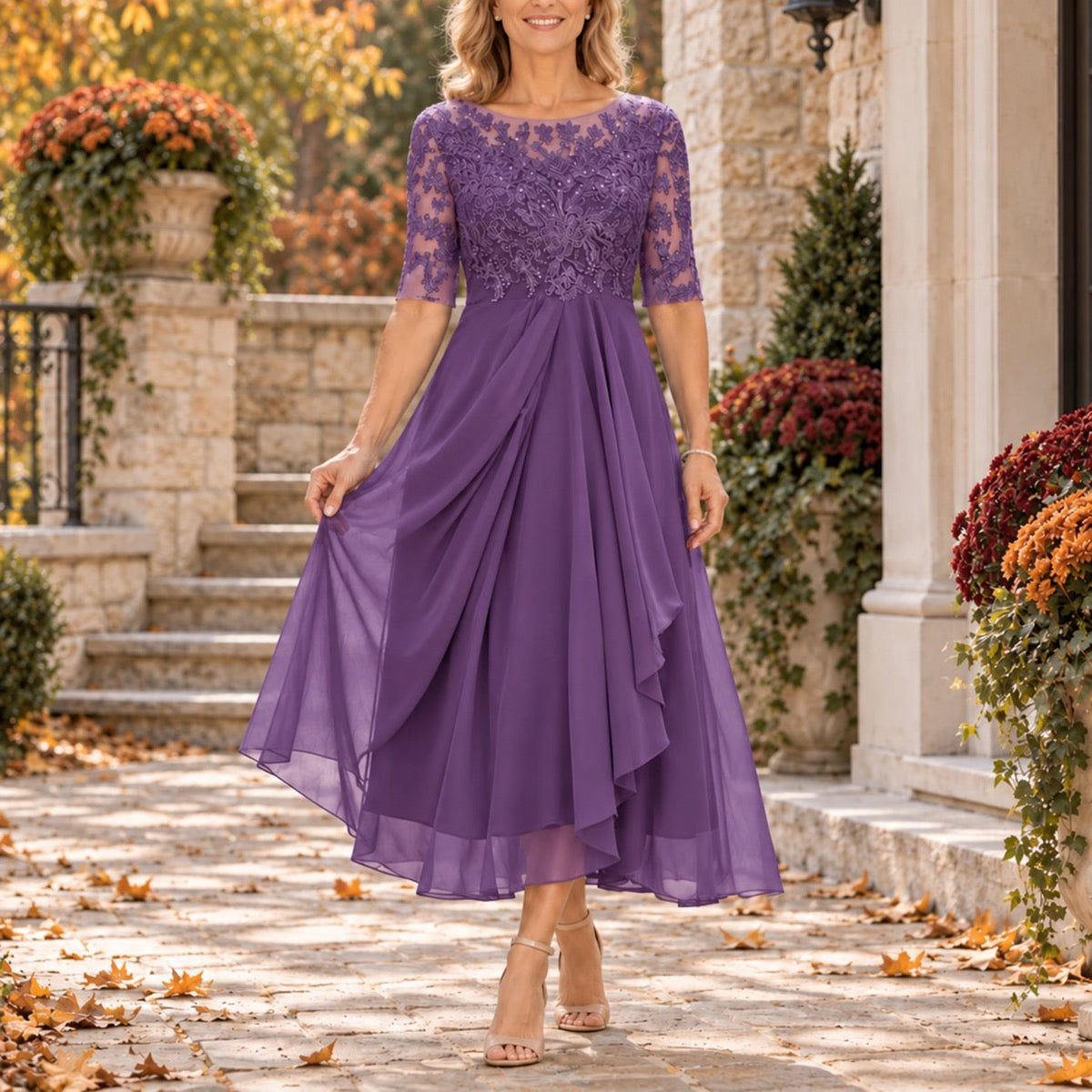 Theresa Lace Bodice Draped Midi Dress in Lavender