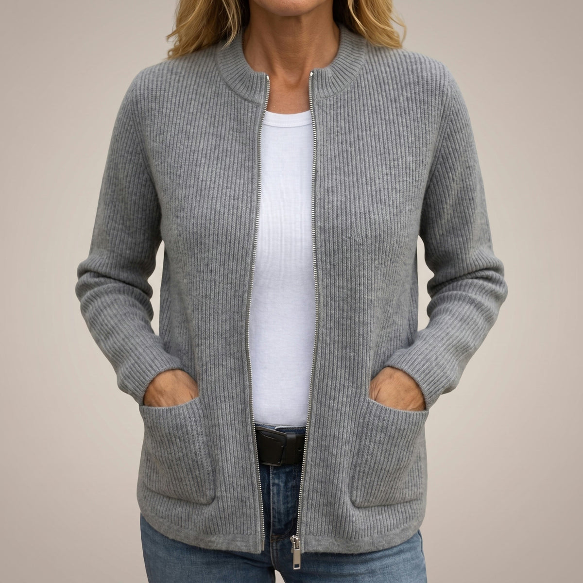 Anneke Ribbed Zip-Up Cardigan with Deep Pockets