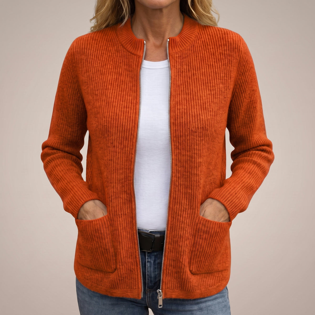 Anneke Ribbed Zip-Up Cardigan with Deep Pockets