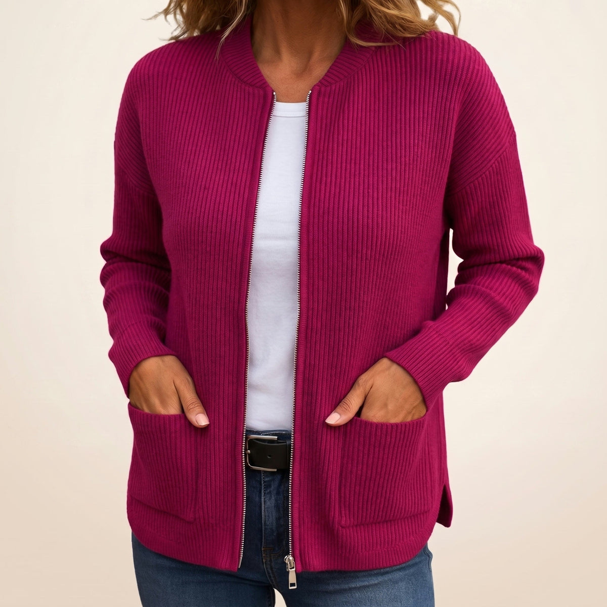 Anneke Ribbed Zip-Up Cardigan with Deep Pockets