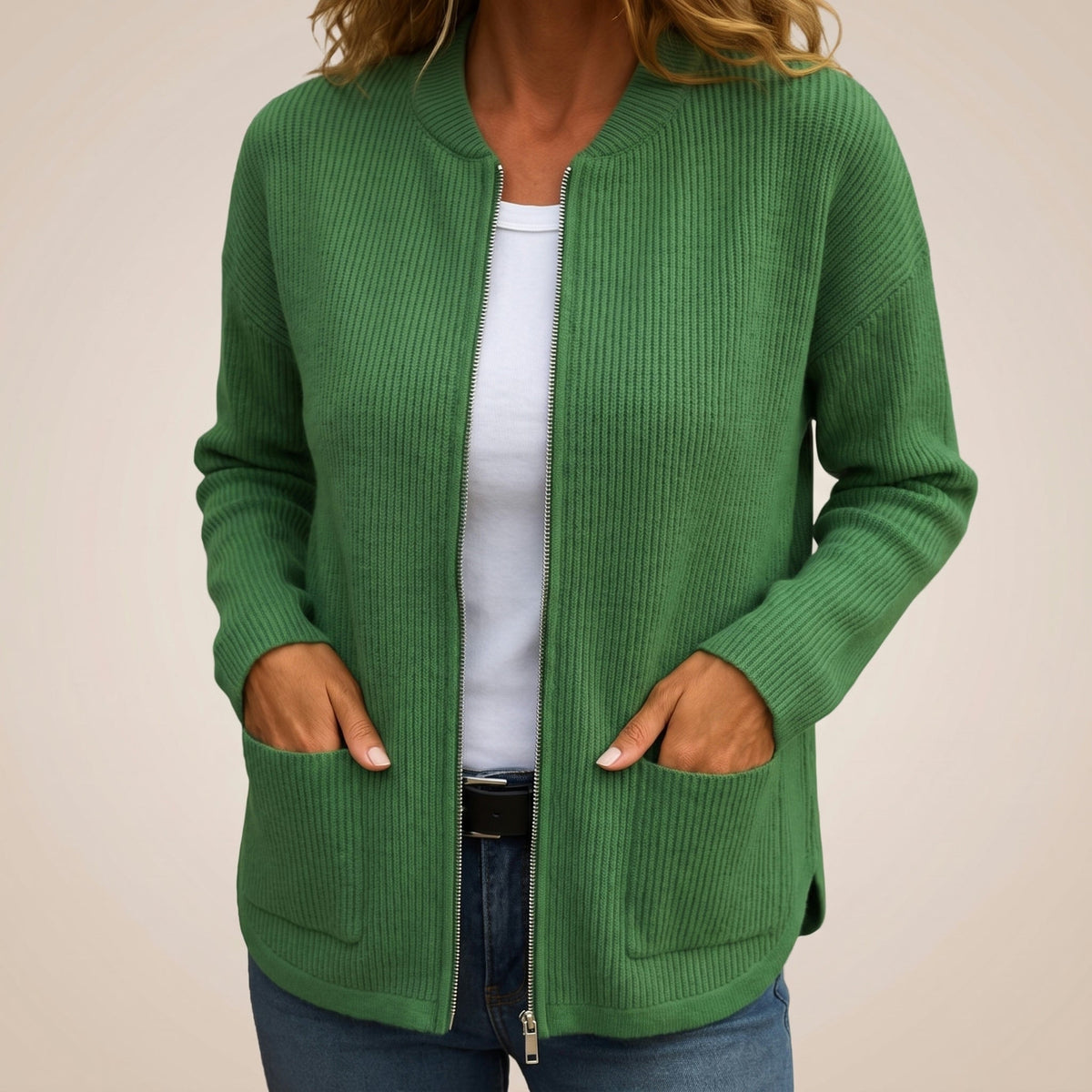 Anneke Ribbed Zip-Up Cardigan with Deep Pockets