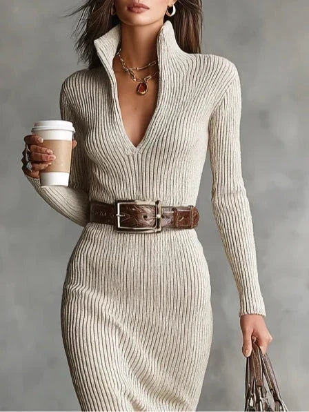 Clara Ribbed Knit V-Neck Dress with Belt